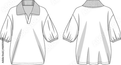 Polo shirt design, front view, back view, CAD sketch, fashion vector, short sleeves, stylish collar, apparel illustration, flat drawing, clothing template, garment layout, vector art,