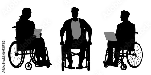 Set of black silhouettes showing disabled men and women in wheelchairs using laptops and tablets. Inclusive business and workplace diversity concept. Flat vector illustration isolated on white.