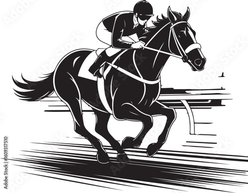 Jockey riding a galloping horse on a racetrack racing speed