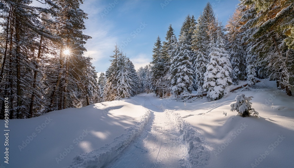 Obraz premium a winding trail through pristine untouched snow bordered by tall evergreen trees with soft sunlight filtering through the branches above
