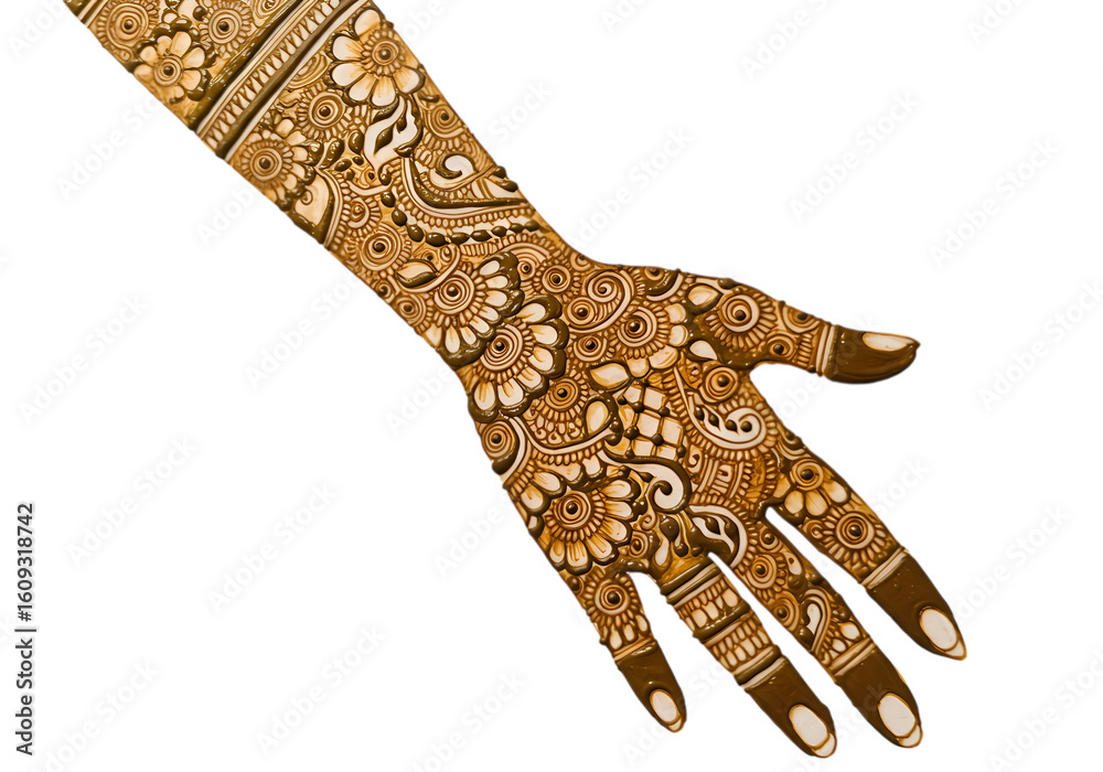 Obraz premium Intricate Mehndi Design on a Womans Arm and Hand A Detailed Closeup on transparent background