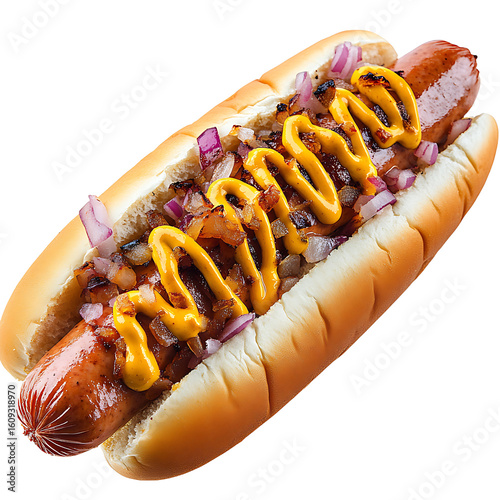 Grilled Sausage in a Bun Topped with Mustard and Onions