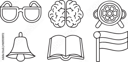 Isolated black 100 days smarter school icon set, includes eyeglasses, brain, medal, celebration flag, school bell, and notebook, perfect for milestone education designs