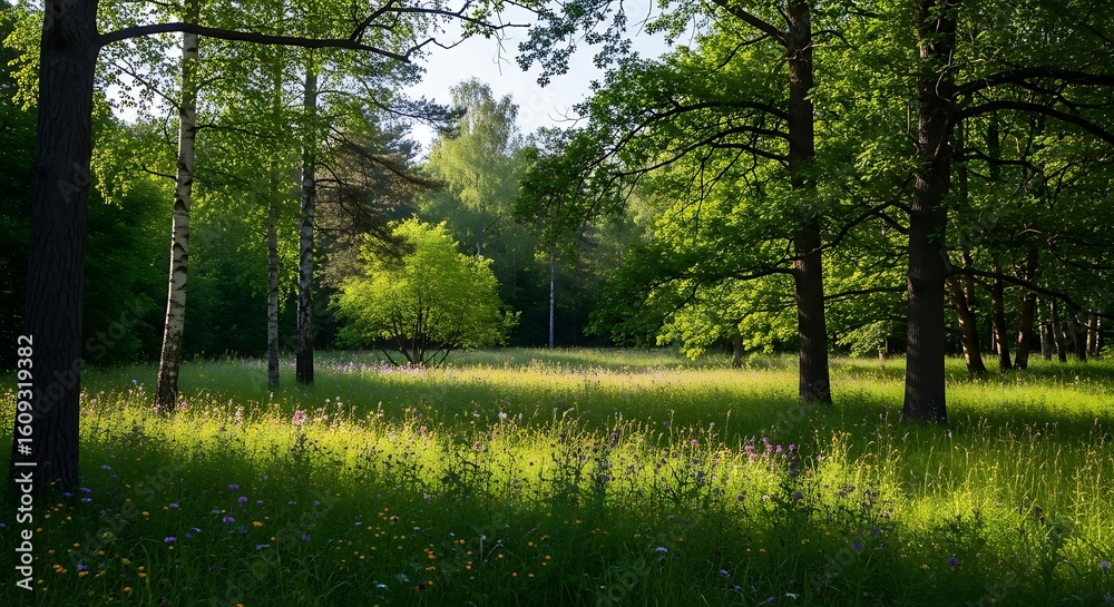Fototapeta premium Sunlight filtering through trees creates magical ambiance in a spring meadow