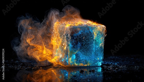 Burning ice cube, vibrant colors, smoke