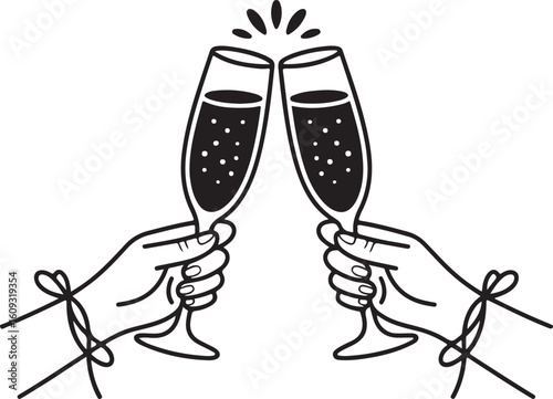 Two hands clinking champagne glasses with bubbles celebration toast