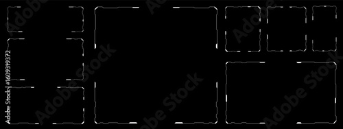 Cyberpunk HUD box elements with futuristic UI frames and digital interface overlays. Sci fi hologram borders and glitch effects for game screens or VR designs. Modern data dashboards.