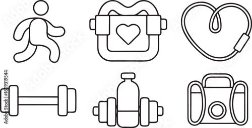 Isolated black fitness and workout icon bundle, includes pushup pose, gym bag, water bottle, jump rope, heart rate monitor, biceps flex, ideal for healthy lifestyle designs