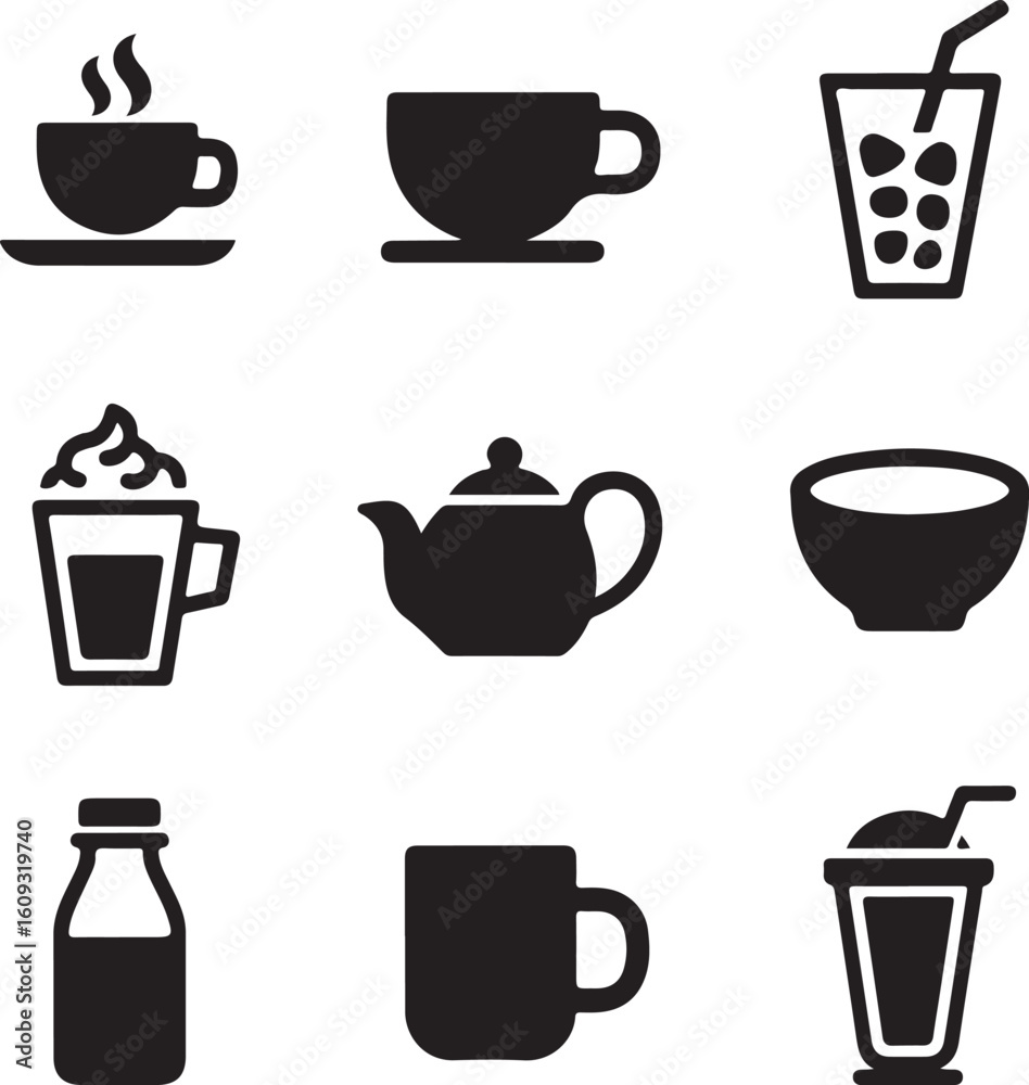 Obraz premium Various beverage icons including coffee tea and milk saucer steam