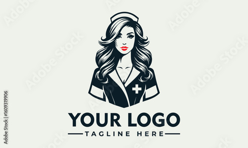 Elegant illustration of a female nurse in uniform, suitable for medical branding.