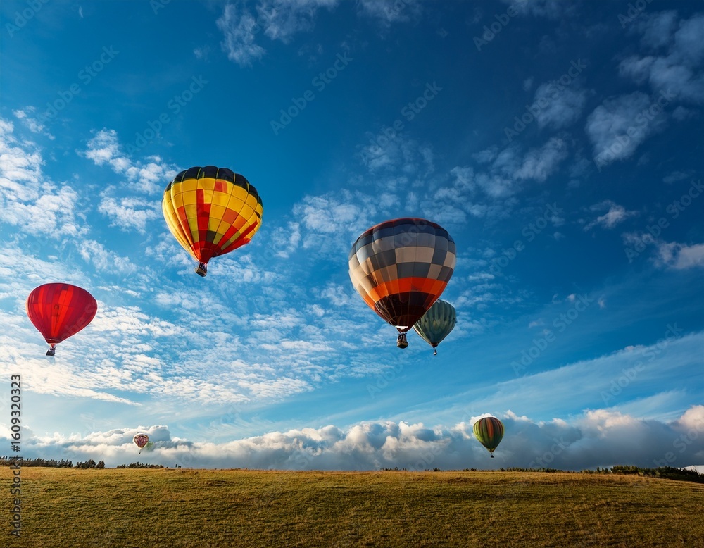 Obraz premium colorful hot air balloons soaring in a clear blue sky with fluffy clouds on a sunny day