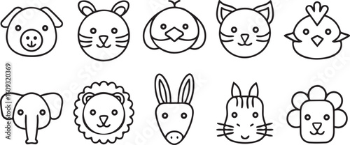 Isolated black outline animal icon set, includes dog, cat, bird, horse, lion, rabbit, elephant, fish, and various farm animals, in clean and editable minimal line style