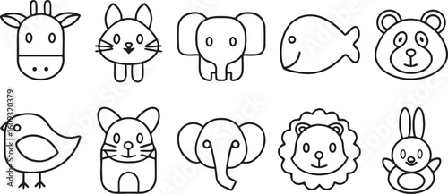 Isolated black clean line animal vector icon pack, includes domestic and farm animals like dog, cat, fish, horse, elephant, lion, rabbit, and bird, editable and minimal