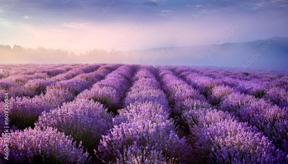 Obraz premium blooming lavender field shrouded in light mist purple tones dreamy nature background