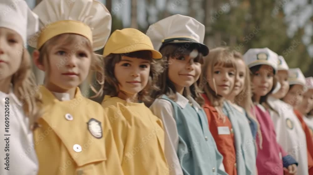 Young Chefs in Uniform: A heartwarming tableau of young children, dressed in diverse chef uniforms, standing in an outdoor environment, radiating innocence and dreams.