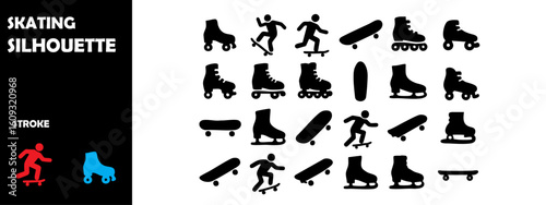 SKATING Icons Silhouette Vector Set – Roller Skates, Inline Skating and Urban Sports Symbols