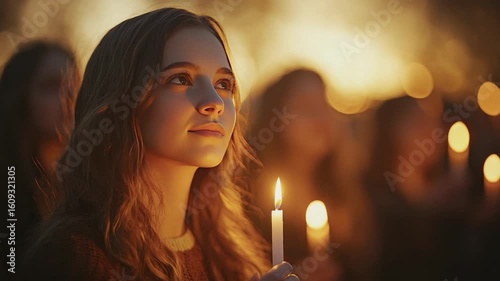 Glowing Serenity: A young woman is illuminated by the soft light of a candle, her expression filled with hope and reflection amidst a gathering.
