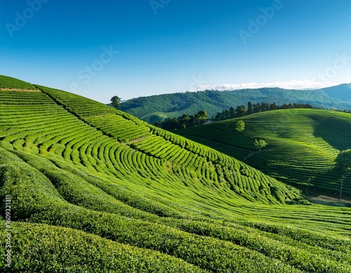 lush green tea plantations on rolling hills under a clear blue sky