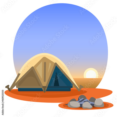 Tent and campfire at sunset. Flat vector illustration of a camping scene at sunset with a tent and extinguished campfire on desert ground. Suitable for travel, hiking, desert tourism, and evening outd