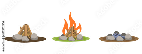 3 states of a bonfire. Vector set of three campfires: unlit, burning, and extinguished. Minimalist illustrations suitable for camping guides, infographics, survival tutorials, and outdoor activity vis