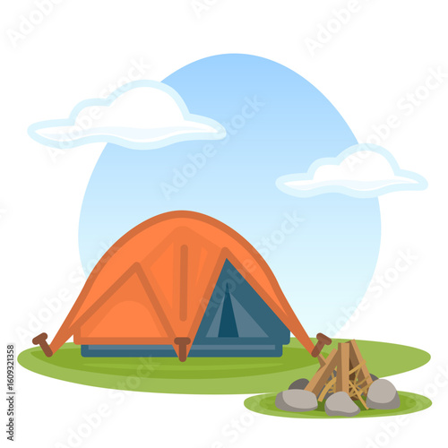 Vector illustration of a camping tent and a campfire on green grass under a blue sky with clouds. Perfect for travel, tourism, summer camp, and outdoor activity designs.