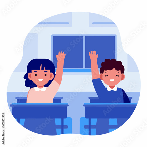 Young students raising hands in classroom during school lesson  
