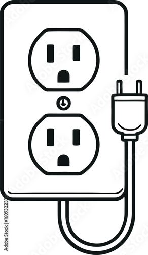 Electrical Outlet & Plug Silhouette  Monochrome Vector Featuring Stylized North American Socket and Corded Connector