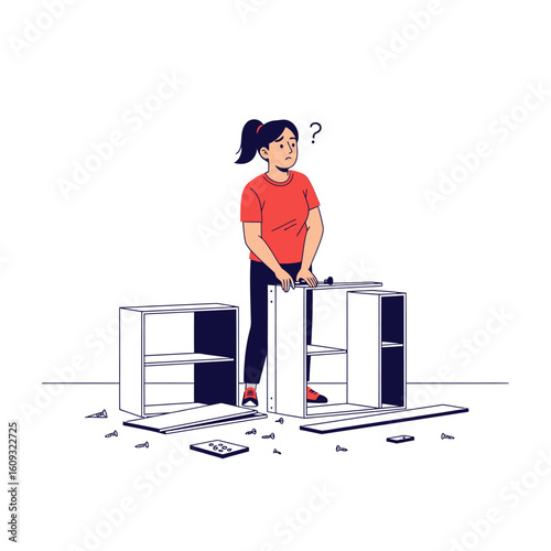 Confused woman assembling furniture