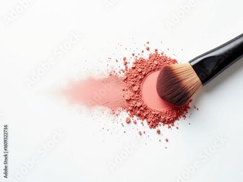Blush makeup brush with pink powder on white background showcasing beauty cosmetics and facial product application concept