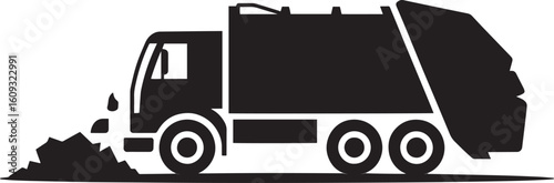 Black garbage truck collecting debris waste