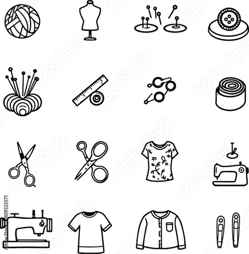 Tailor’s Craft Icons  Monochrome Vector Set of Sewing Tools  Garments Featuring Machine, Dress Form, Yarn & Accessories