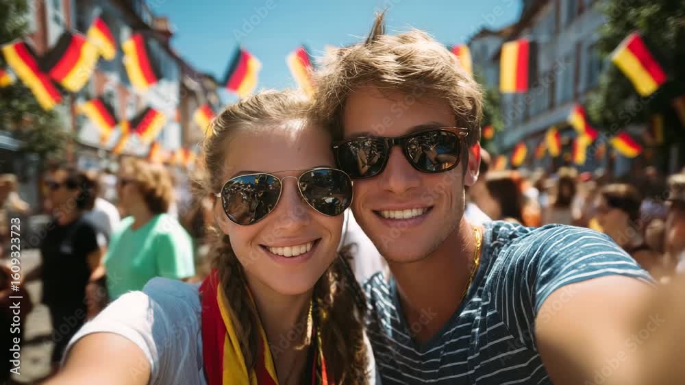 Smiling couple enjoying a vibrant public celebration with flags. Smiling couple enjoying a vibrant public celebration with flags.