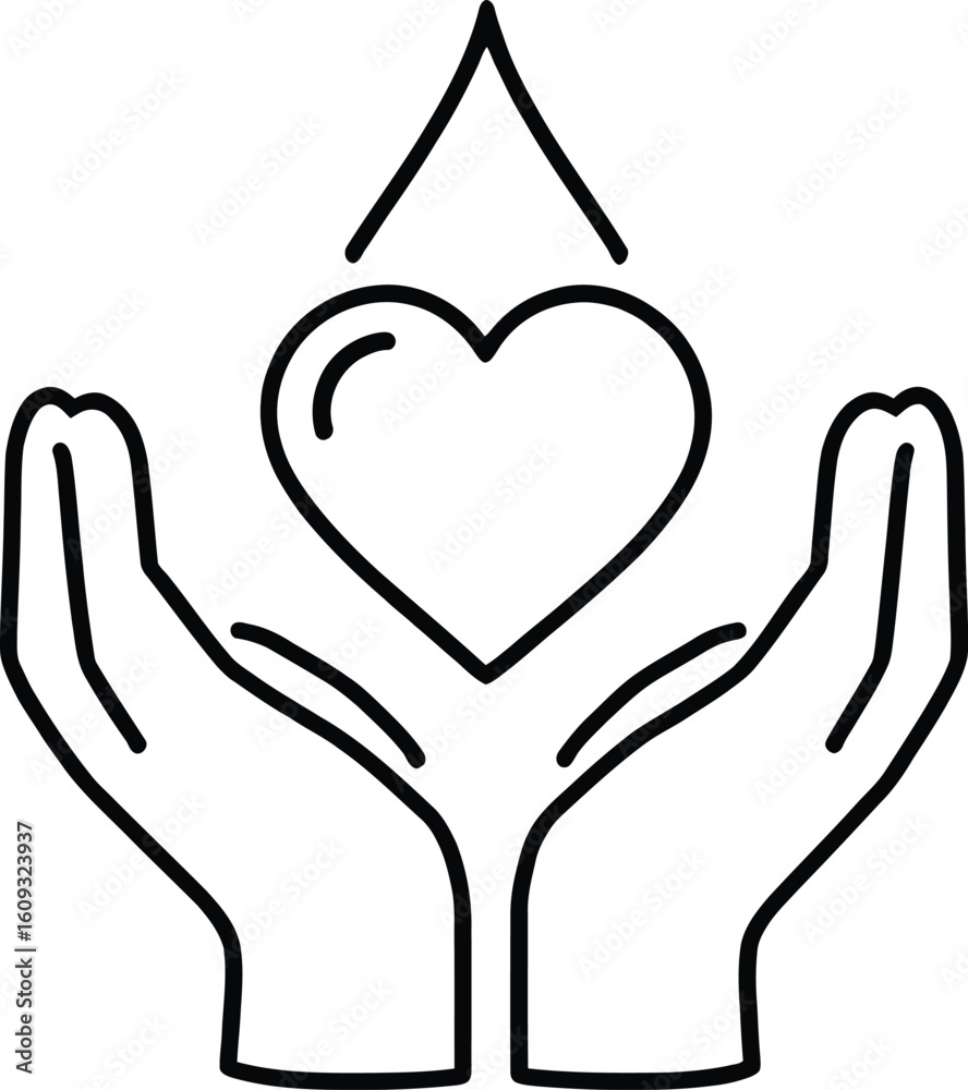 Obraz premium Caring Hands Monochrome Vector Icon Depicting Protective Hands Holding a Heart with Droplet Symbolizing Healing & Compassion