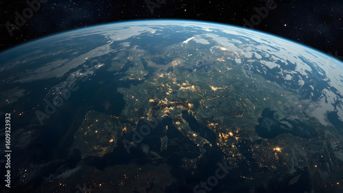 A stunning view of Earth from space, focusing on the European continent. The clear outline of Europe, surrounding blue oceans, and visible clouds create a vibrant, realistic space scene.

