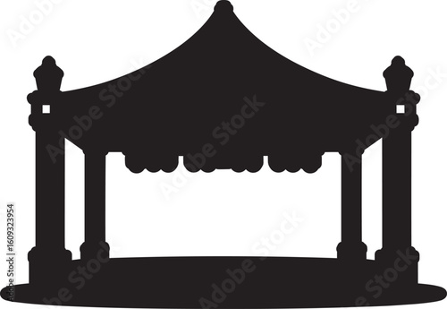Black silhouette of a gazebo stage with ornate columns and scalloped roof performance