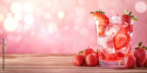 Strawberry cocktail with ice and fresh strawberries on a wooden table, against a pink background with a bokeh effect, copy space for text, suitable for a banner design.