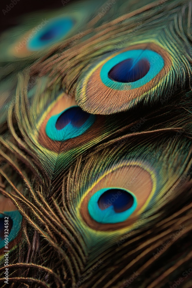 Obraz premium Close-up macro of a vibrant peacock feather with a stunning, colorful eye pattern