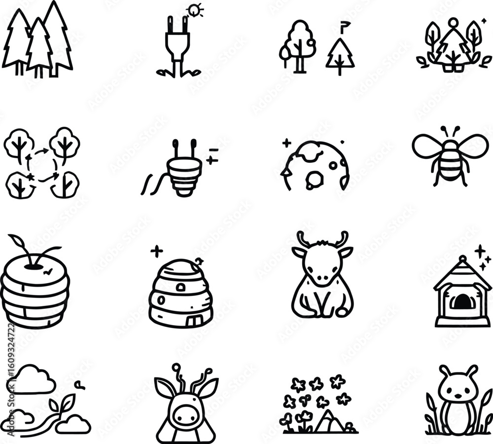 Fototapeta premium Eco Harmony Icons Monochrome Vector Set Celebrating Nature, Sustainability, and Wildlife with Trees, Bees Celestial Symbols