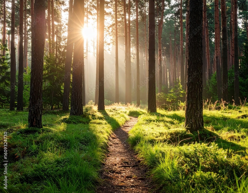 Obraz premium Sunlit Forest Path Green Grass and Sunlight Beams