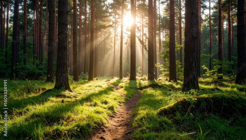 Fototapeta premium Sunlit Forest Path Green Grass and Sunlight Beams