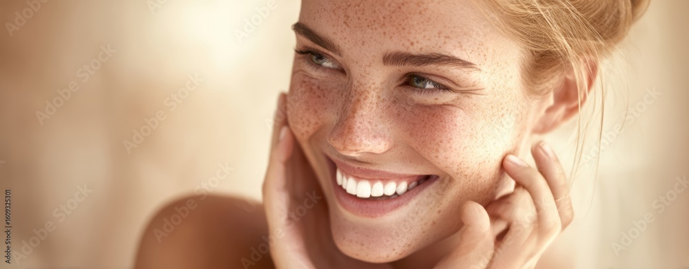 Obraz premium The radiant woman with freckles and an infectious smile, embracing natural beauty.