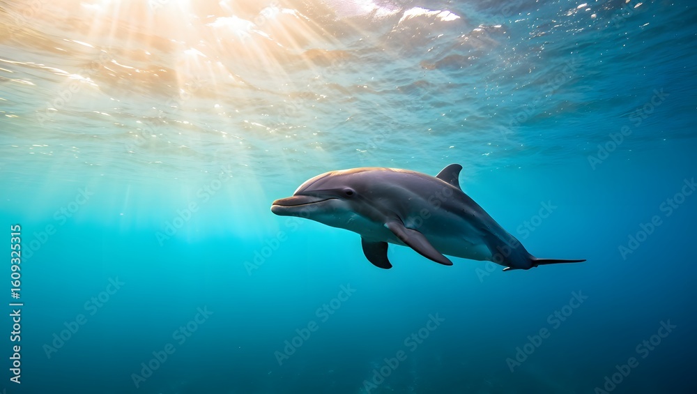Fototapeta premium A dolphin swimming gracefully in the clear blue ocean with sunlight shining through water