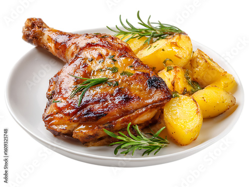  plate of baked chicken leg with potato on white background 
