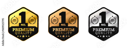 No. 1 Premium Quality Hexagon Badge. Number 1 label gold, bronze, silver color. For icon, logo, seal, tag, sign, symbol, stamp, sticker, emblem, badges, labels. Vector Illustration