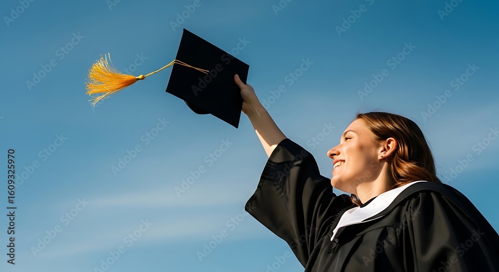 Celebrate achievements with this joyful graduate holding her cap aloft against a clear blue sky, embodying success and determination. Celebrate achievements with this joyful graduate holding her cap aloft against a clear blue sky, embodying success and determination.