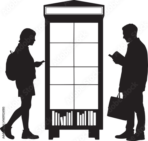 People interacting with book sharing box reading