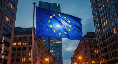 European union flag waving in a city street at dusk