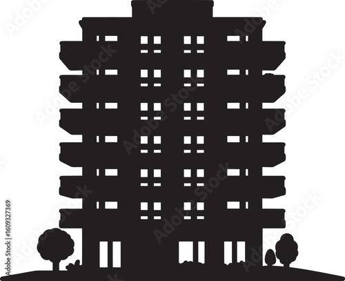 Tall residential building with balconies and windows architecture urban