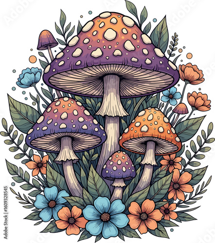Mushroom and Floral Cartoon Illustration.