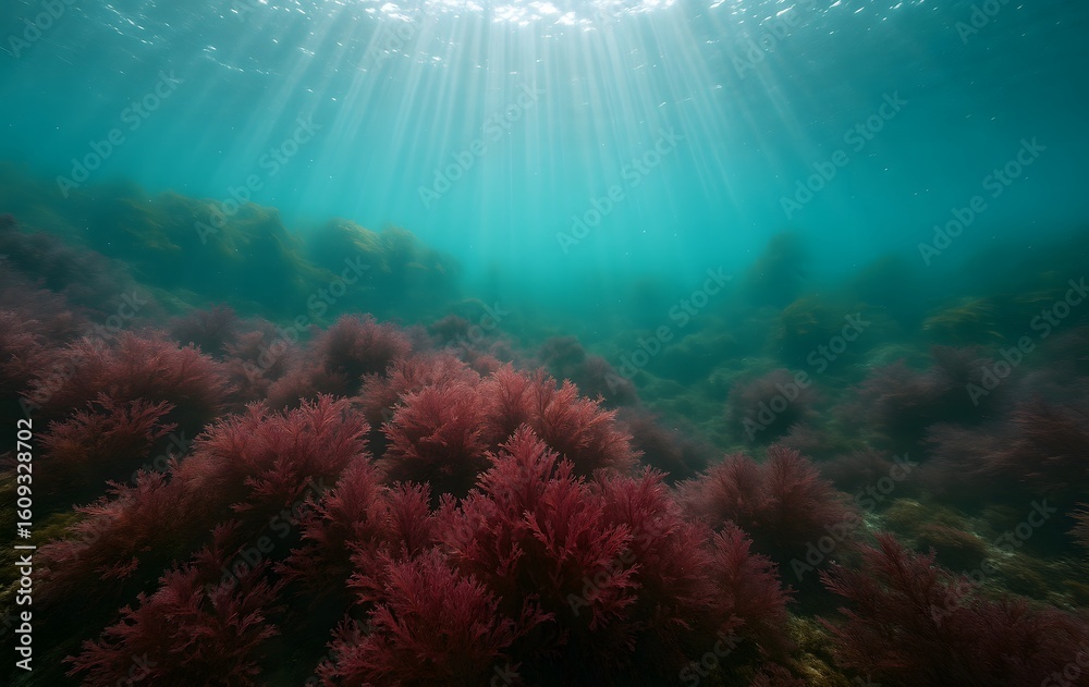 Fototapeta premium Sunbeams Illuminating Red Irish Moss on Atlantic Reef Underwater
